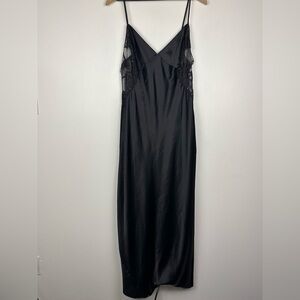 Victorias Secret Black Midi Slip Dress Satin Rhinestones Embellished Lace Sz L